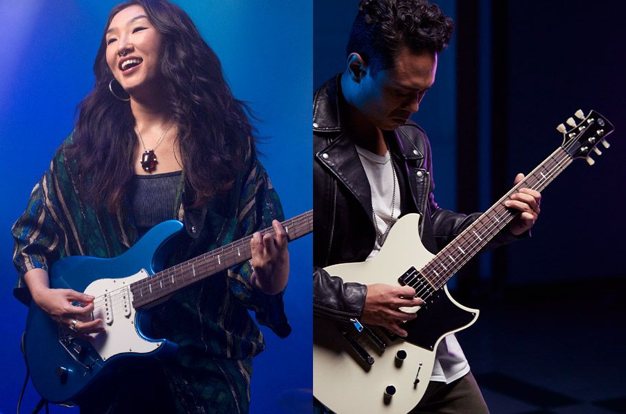 Side-by-side pictures of a woman happily playing an electric guitar and a man intensely playing another electric guitar.
