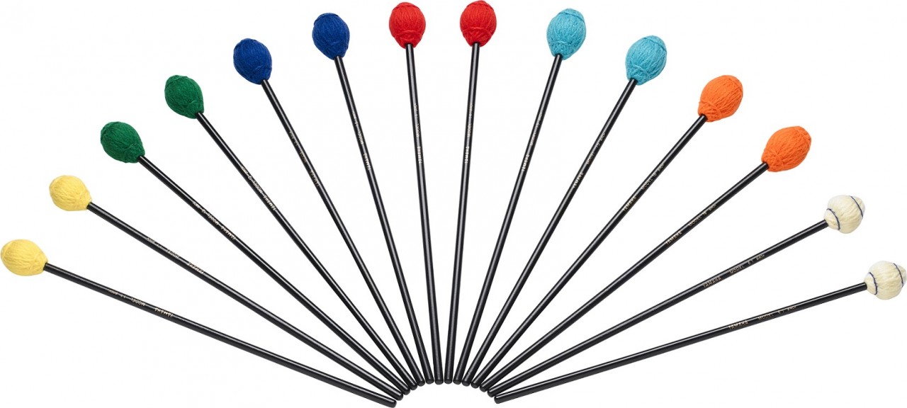Yarn-wrapped, ball-shaped mallets with wood handles