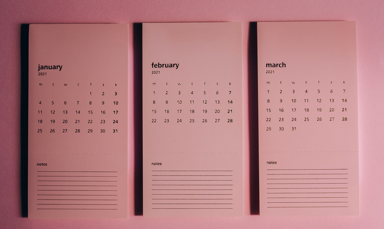 three small calendars showing one month each -- January, February and March