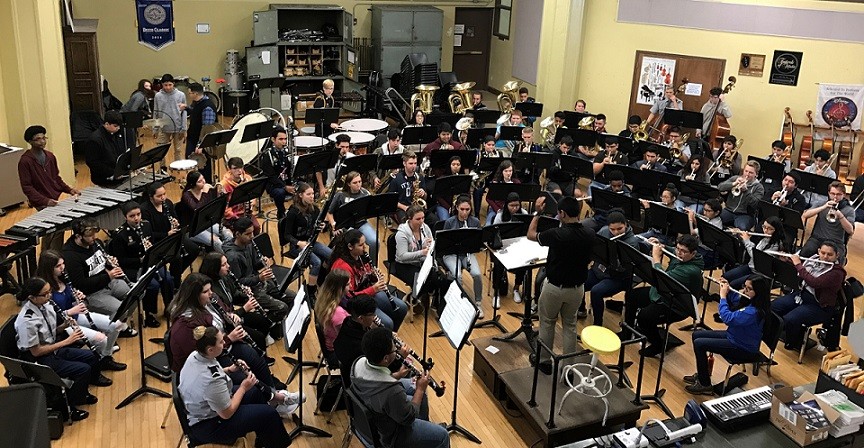 Joliet Central High School band rehearsing in music room
