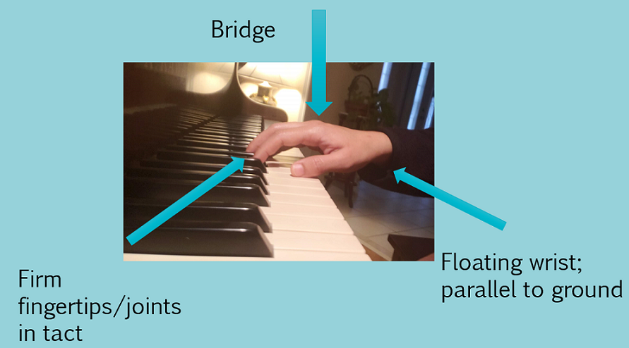 closeup of hand on piano keys with optimal hand position 