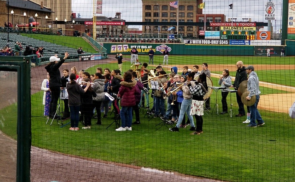 Lakeshore Elementary band performing at Rochester Red Wings game 
