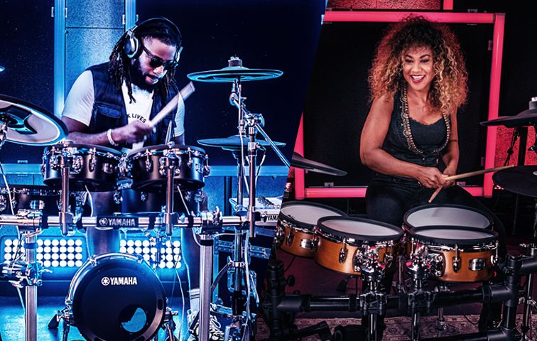 Collage of two images with a man playing an electronic drum kit and a woman playing an electronic drum kit.