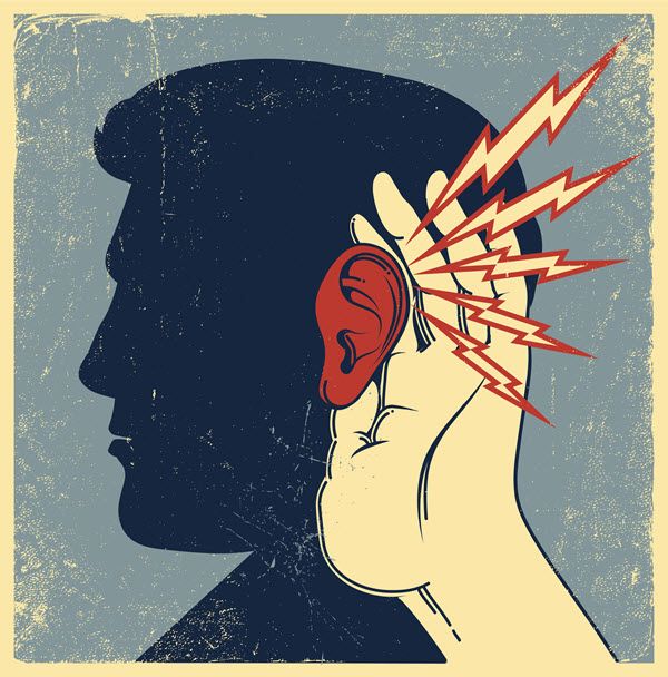 Graphic showing a man's face in profile and a hand cupping his ear and there are lightning bolts hitting the ear.