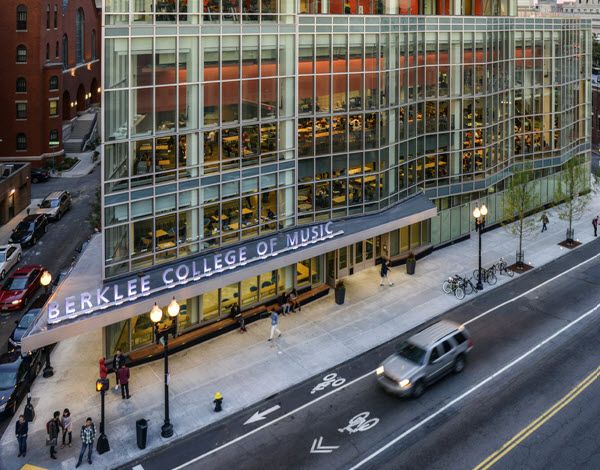 A street view of the Berklee College of Music's main entrance from the street.