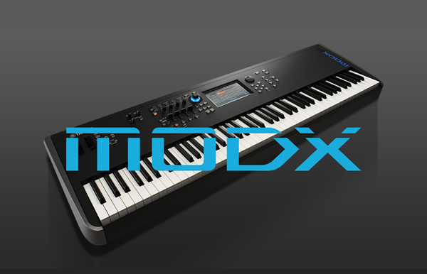 Synthesizer keyboard with "MODX" headline overlaid.