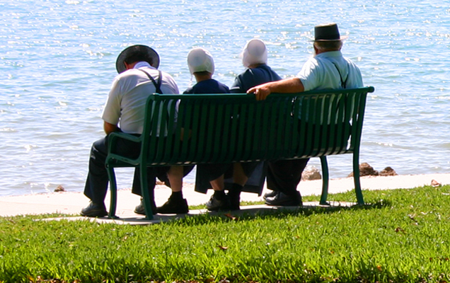 Amish family on bench looking at lake.