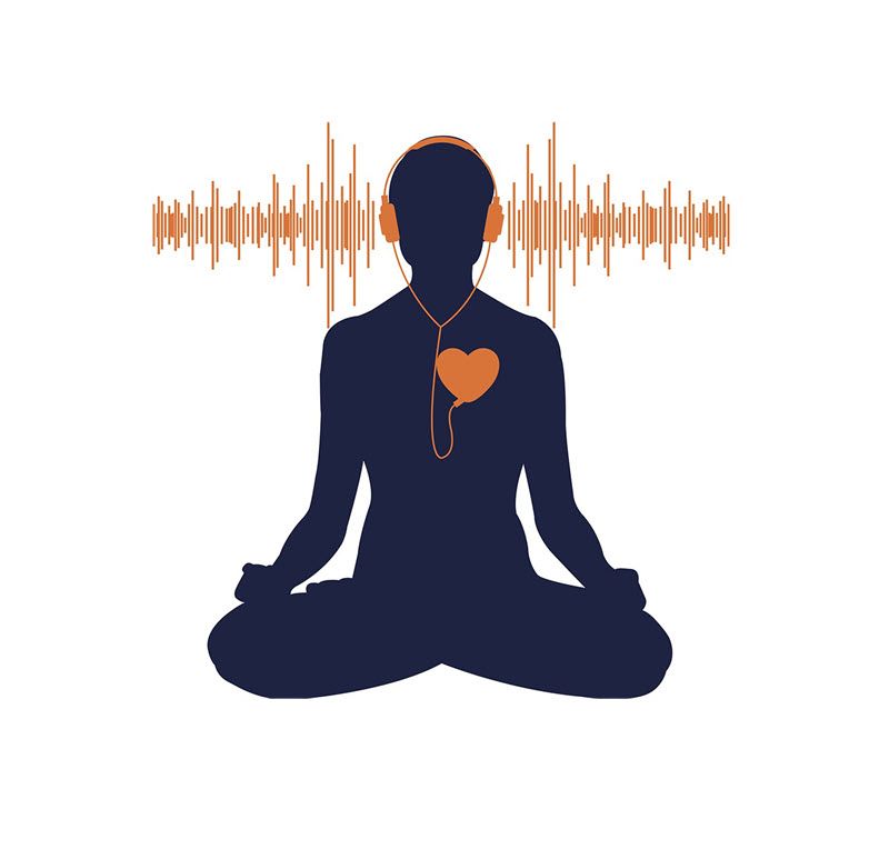 Graphic of a silhouette of a person sitting in a lotus position with a heart shaped mp3 player on their check leading up to wired headphones and a soundwave graphic in background.