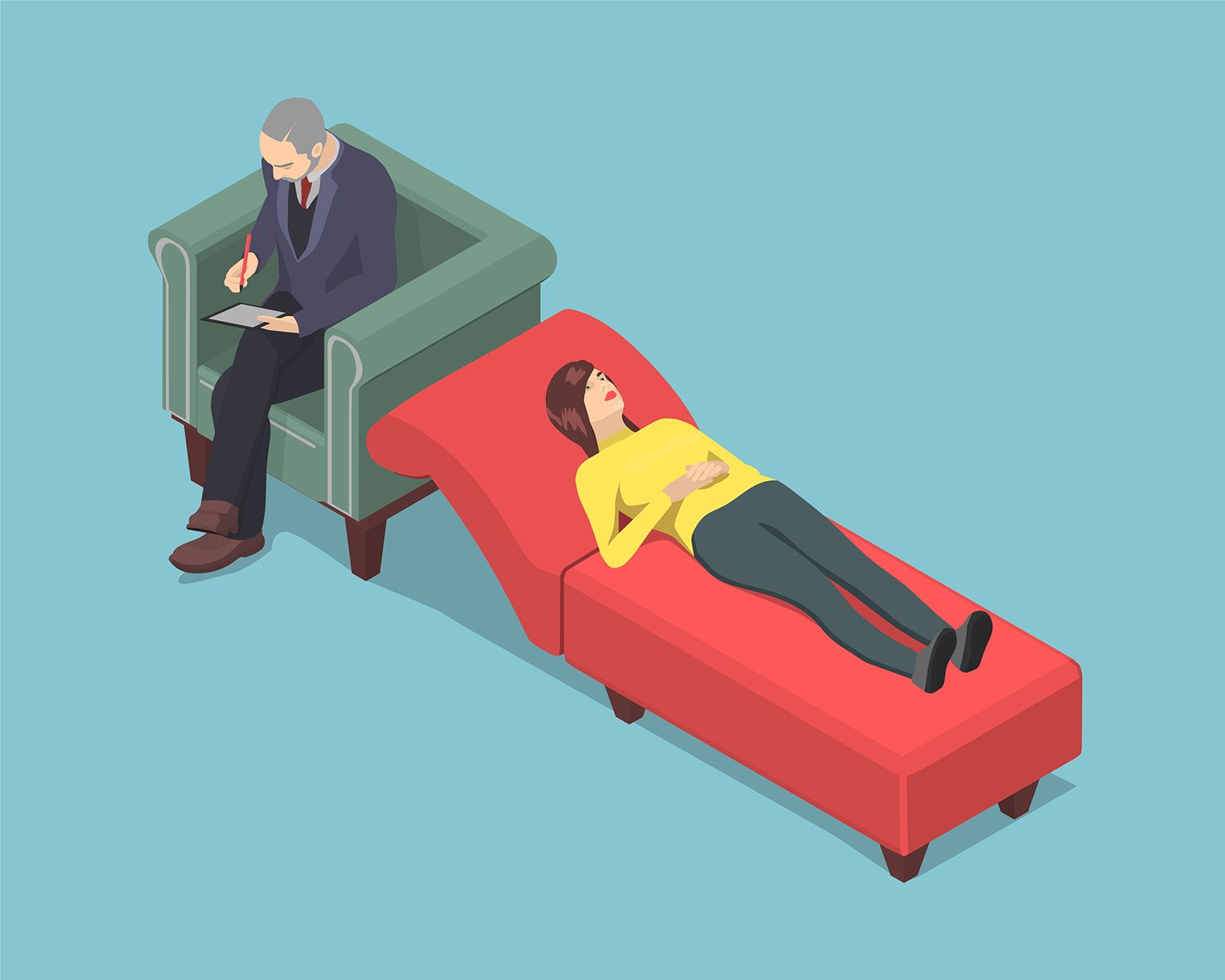 Graphic of woman laying on a therapist's couch while he sits in a chair behind her head taking notes.