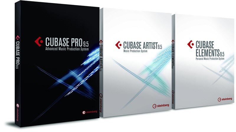 The box fronts lined up so you can read the covers for the three Steinberg Cubase products - Cubase Pro 9.5; Cubase Artist 9.5; and, Cubase Elements 9.5.