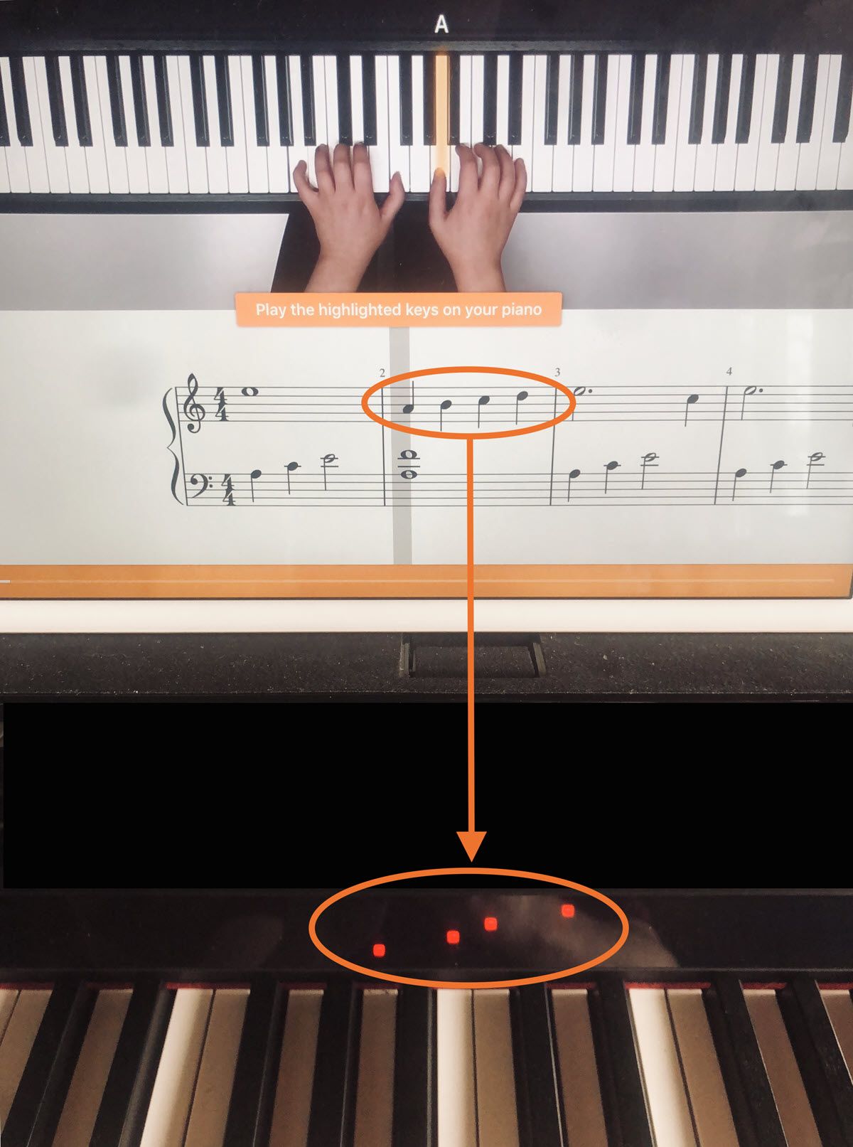 Screenshot of app showing hand placement on the keyboard, with specific notes circled in music charts and the lights above the corresponding keys on the Clavinova keyboard.