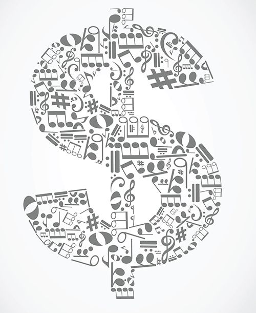An image of a dollar sign filed with music notes.