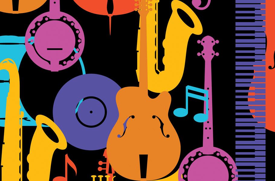 Stylized graphic of jazz instruments.