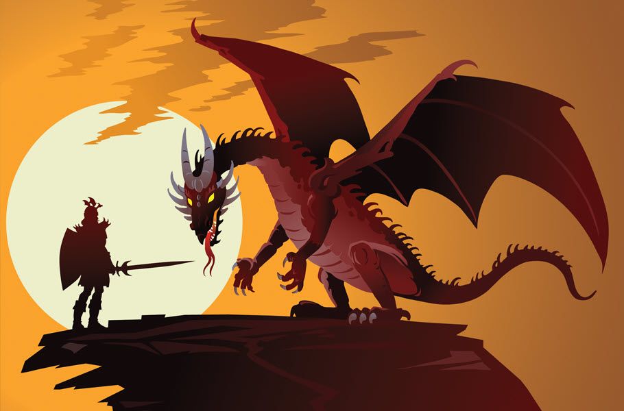 Graphic rendering of a knight and a dragon fighting with the setting sun in the background.