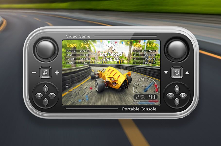 Closeup of a handheld gaming device showing a driving game.
