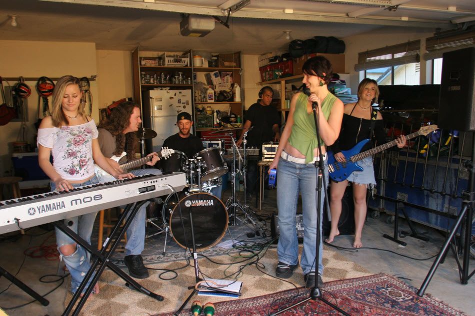 Band jamming in a garage.