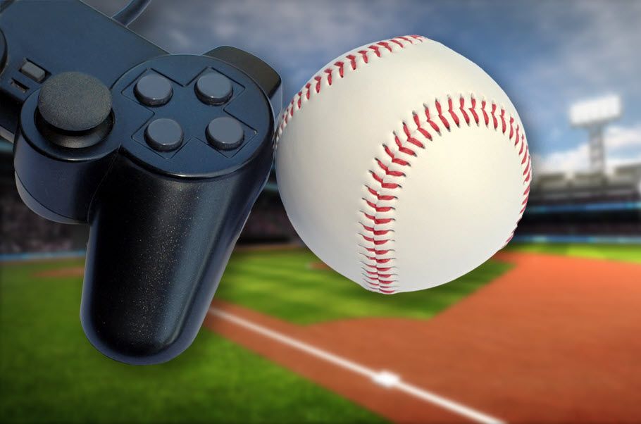 Graphic of a baseball and a gaming console against a backdrop of a baseball diamond.