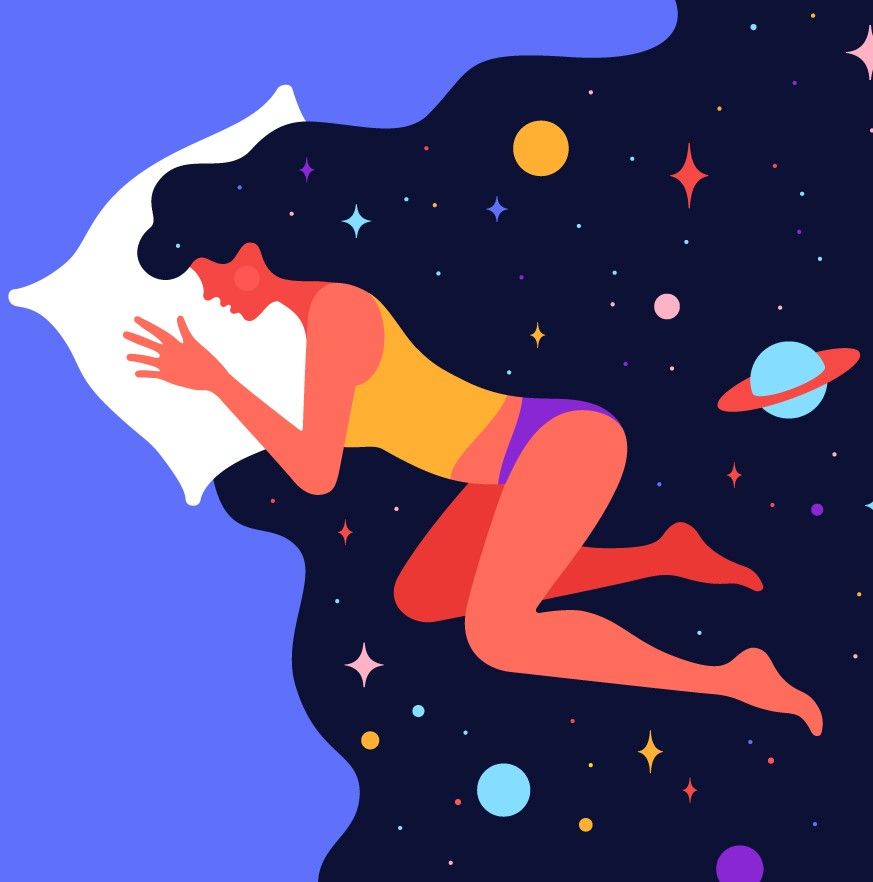 Graphic of woman sleeping on her side with head on pillow and in the background is a fantastical sky with moon and planets and stars.