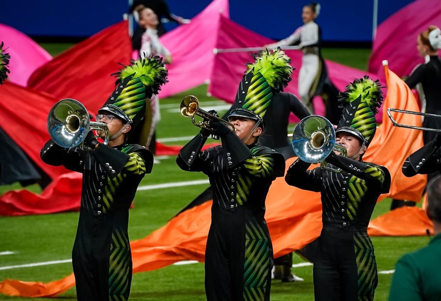 The Reagan band in a climactic moment of its “In Plain Sight” production at the 2023 Bands of America San Antonio Super Regional.
