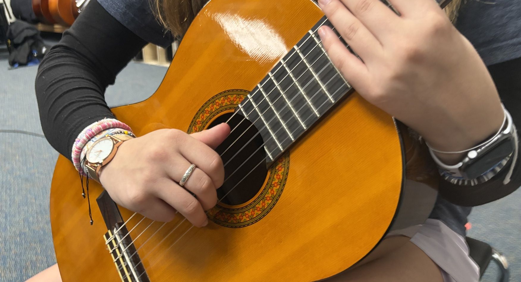 right hand ready to strum guitar