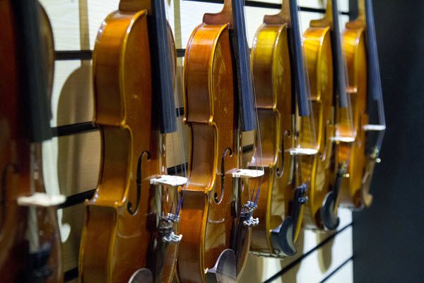 Row of violins hanging on a wall.