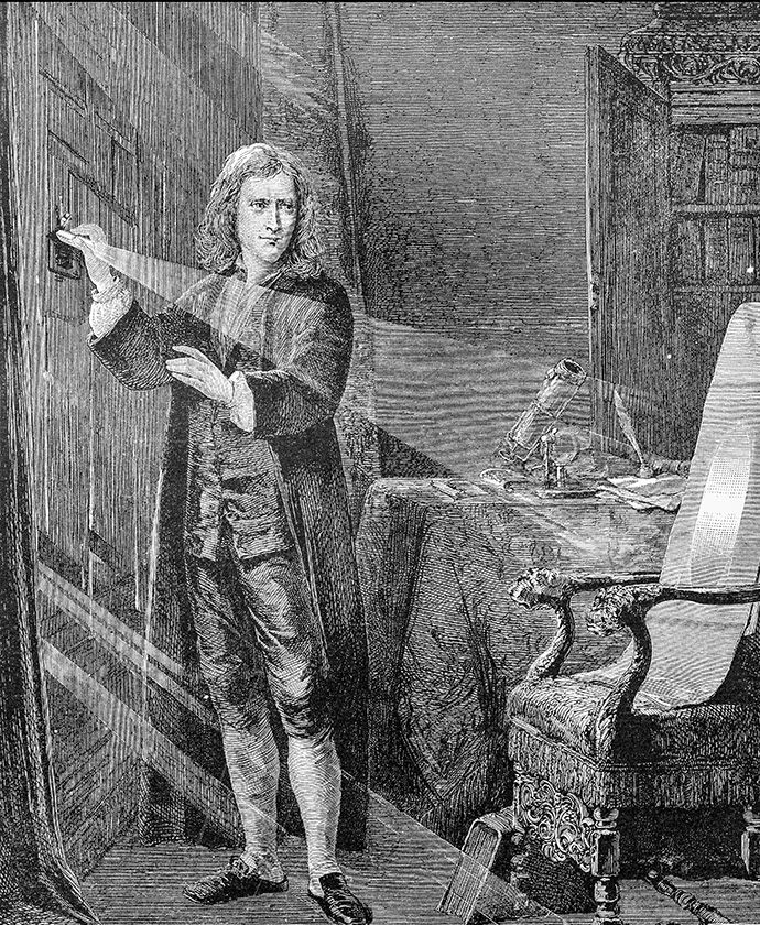 Drawing of Isaac Newton using a prism to analyze the colors in a ray of light.