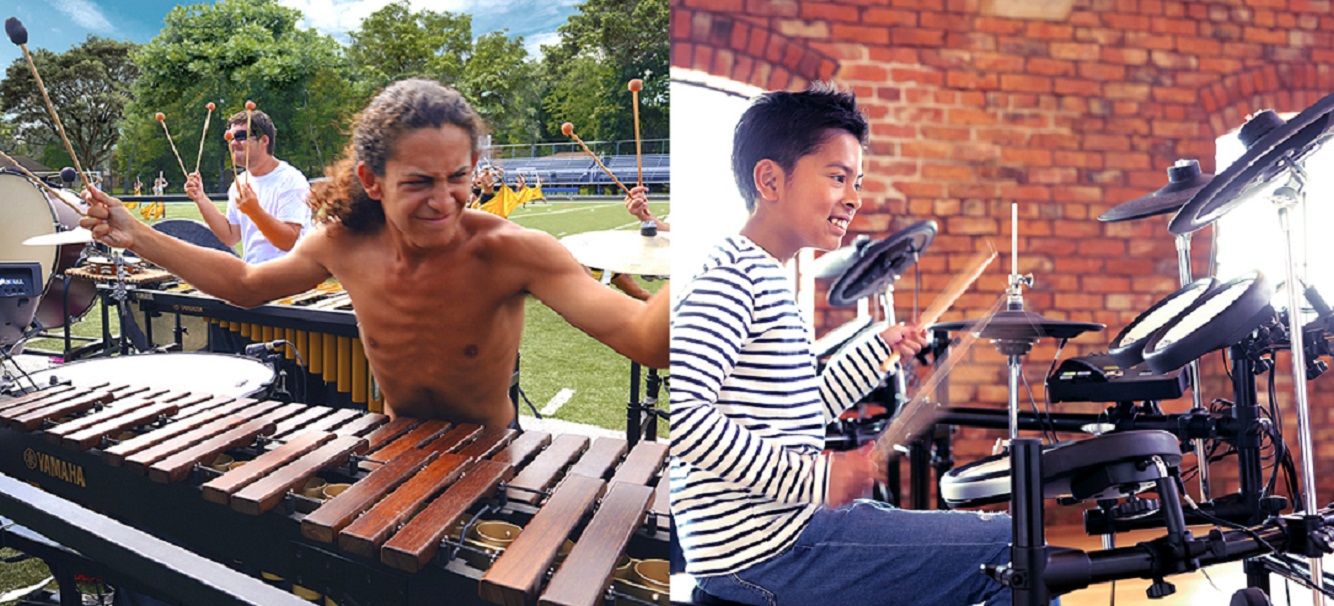 side-by-side photos of two drummers