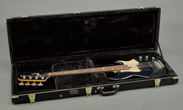 Electric bass guitar in an open hard shelled case.