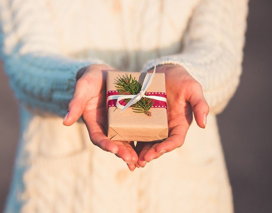 Closeup of a woman's hands holding a small wrapped gift.