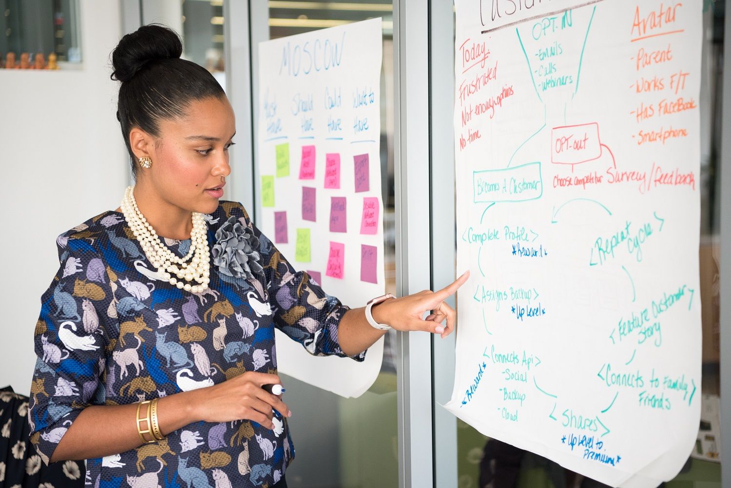 woman writing on white board