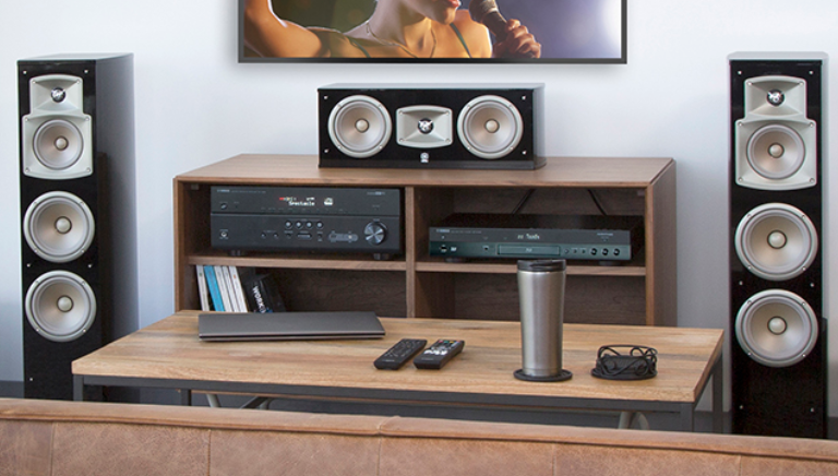 Living room with home theater equipment.