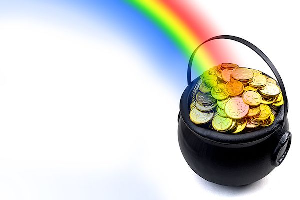 Rainbow leading to pot of gold coins.