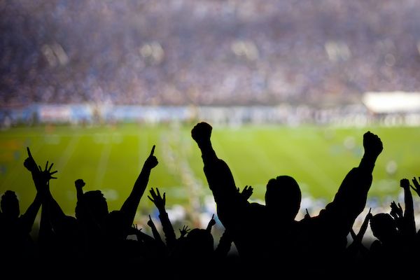 American football fans excited at a game.