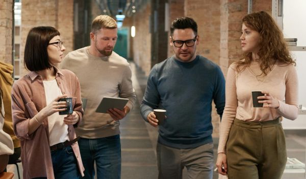 colleagues walking down the hall
