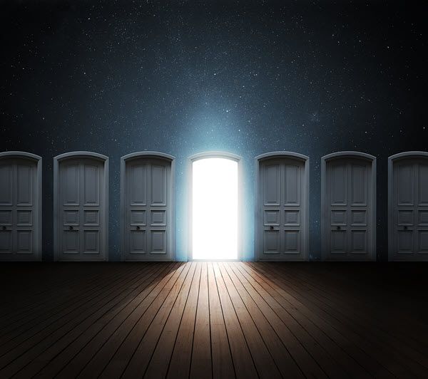 Graphic of a row of doors with all closed except the center one which is open with bright light shining through.