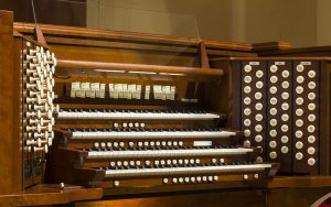 Close up view of a church pipe organ. 