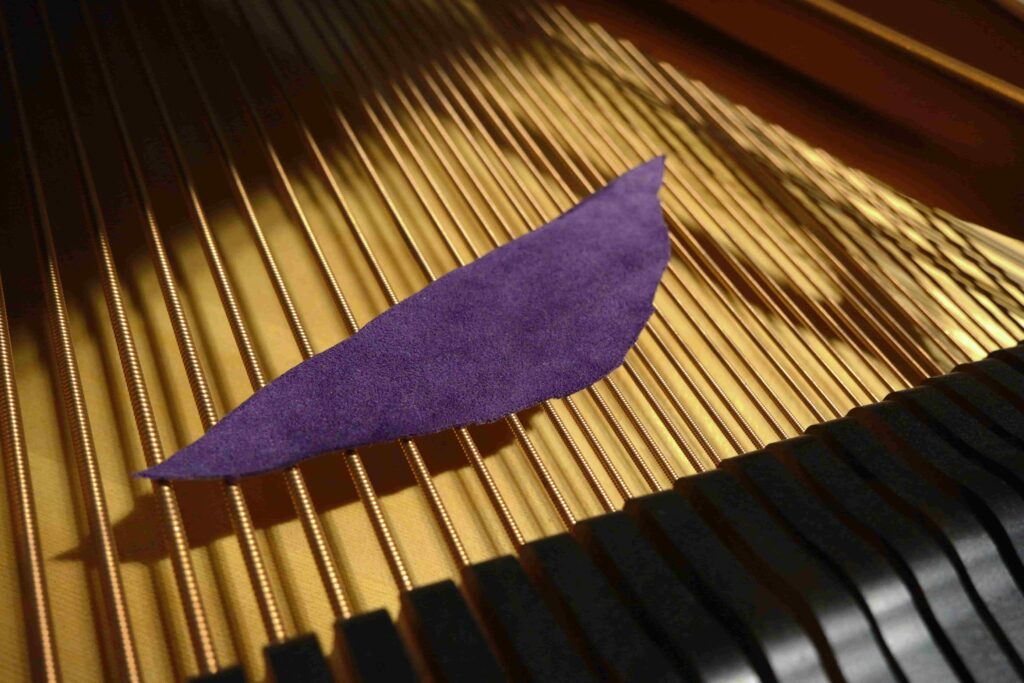 A piece of purple cloth across piano strings.