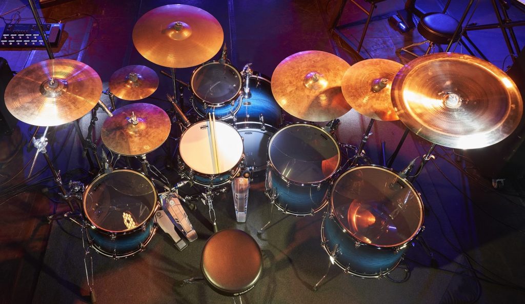 Large drum kit seen from above.