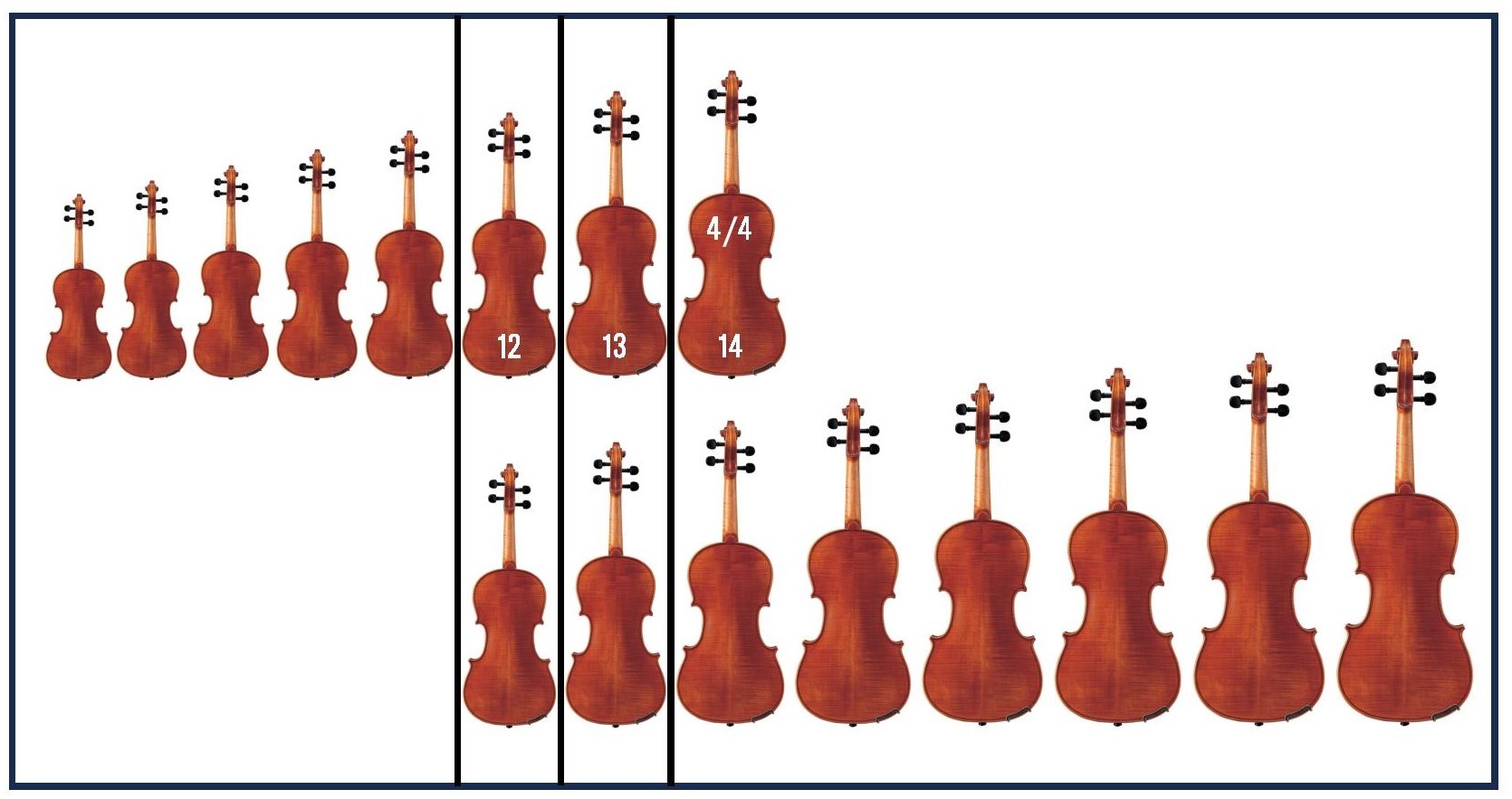 A chart showing the different sizes of violins and violas.