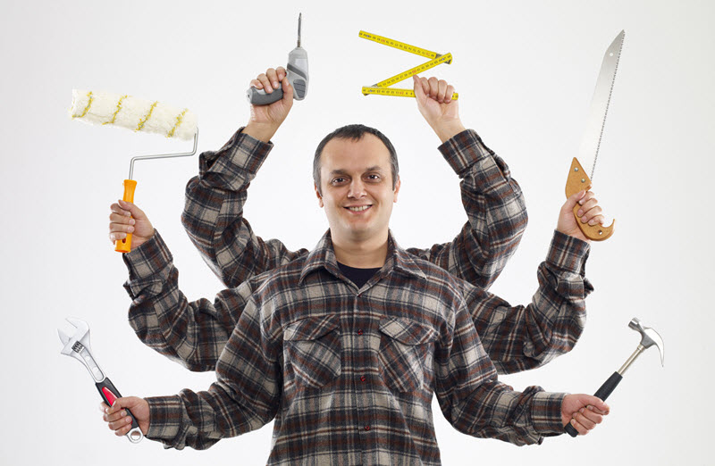 A man with six arms holding tools.