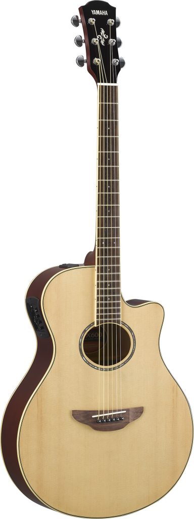 apx600guitar Acoustic guitar with natural toned wood finish.