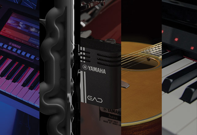 Collage of images of Yamaha musical instruments and music technology, including a guitar, a Clavinova piano, and an electric keyboard.