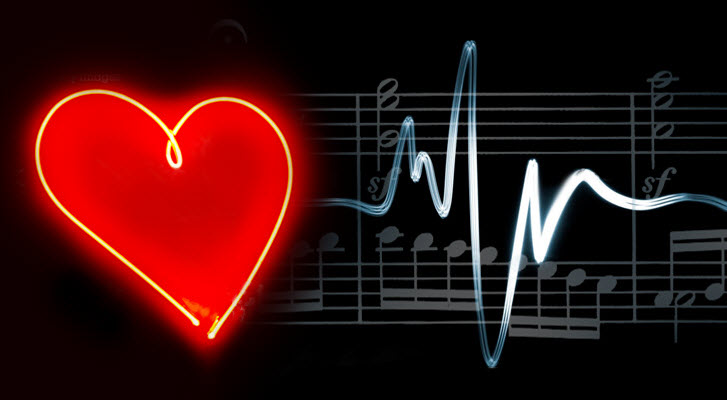Graphic of musical notation with an overlay of a heart shaped neon light and a human heartbeat sine wave.