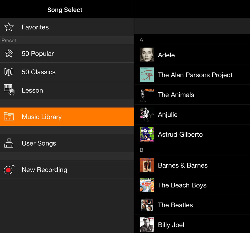 Screenshot of app's menu with two columns. On left is a column of choices headed by "Song Select" with the "music library" choice indicated as chosen. On right hand side are the the items for that choice with a list of artists' names and their image.