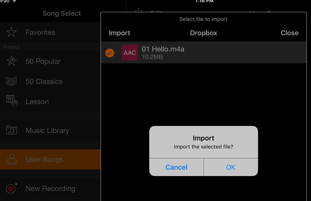 Screenshot of app with a pop up box with instructions for importing files.
