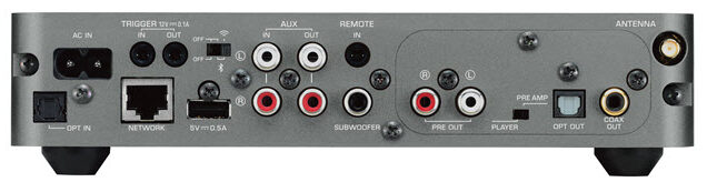 View of the back side of the amplifier showing the various connection points for other music components.