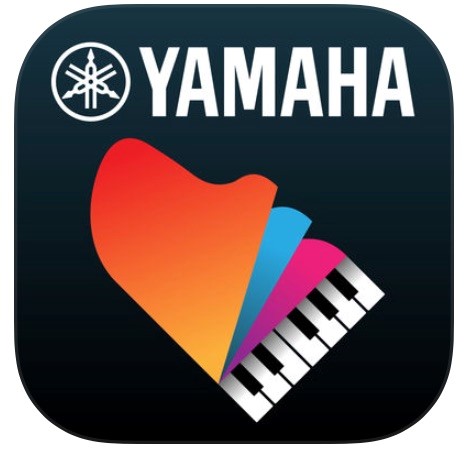 Logo for Yamaha app Smart Pianist that shows a graphic of a piano viewed from above and the lid is multiple layers like a pages of a book that are in motion.