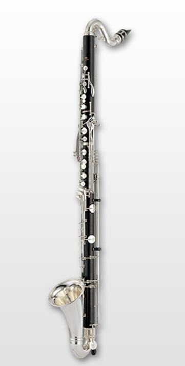 A modern bass clarinet showing full instrument from mouthpiece to bell.