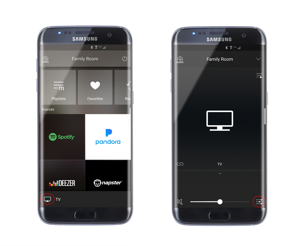 Smartphone screen showing the first two steps for setting up MusicCast app for broadcasting via Bluetooth.
