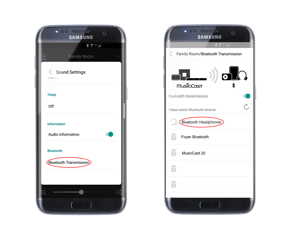 Mobile screens showing the MusicCast app screens with steps 3 and 4 for setting up Bluetooth broadcasting indicated.